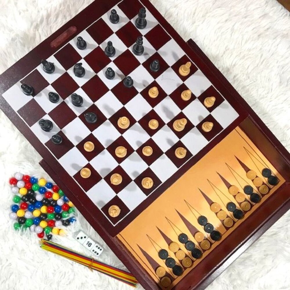 Wood Multi Game Box - Chess Checkers Backgammon Tic Tac Toe Mind Mancala & More
